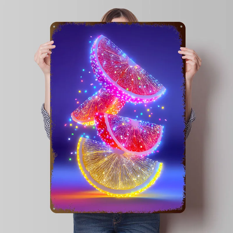 Glowing Citrus Slices on Blue Printed Poster Customized Retro Wall Art Vintage Metal Tin Signs for Home Living Room Decoration