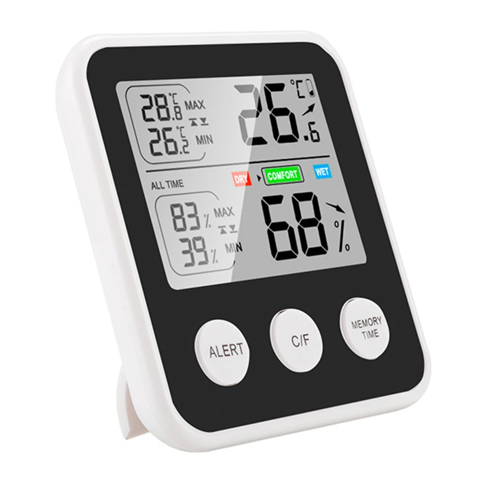 Health Management 8.5*2*9cm Digital Thermometer Humidity Indicator 24-hour Recording ABS Material Alarm Function