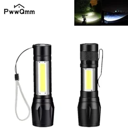 PwwQmm – lampe de poche Portable à LED avec USB, XPE COB, avec 3 Modes, Rechargeable, Zoom, étanche, lampe de Camping