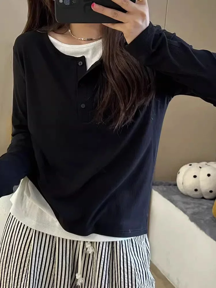 حجم كبير ملابس النساء وهمية قطعتين بلايز أسود طويل الأكمام تي شيرت الموسم حجم كبير السيدات التخسيس غطاء البطن XT643