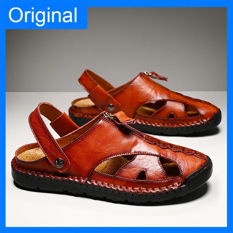

Men Sandals Summer New Leather Casual Slippers Comfortable Trendy Outdoor Breathable Sweat Absorbing Toe Protective Beach Shoes