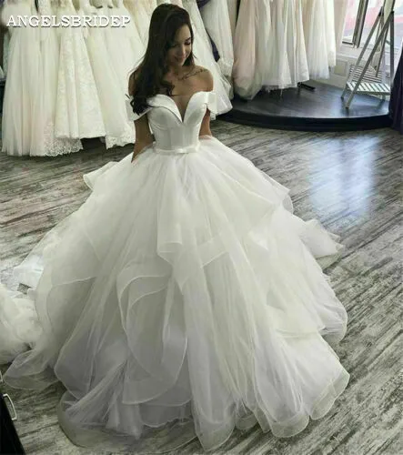 

ANGELSBRIDEP TOP V-neck Wedding Dresses Off Shoulder Sleeves Puffy Ruffles Robe De Mariee Formal Ball Gown Plus Size Corset Back