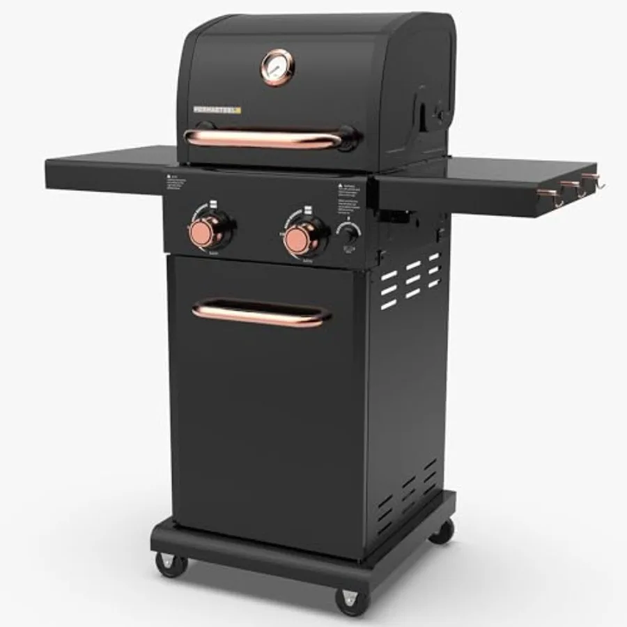 

2-Burner Propane Gas Grill with Foldable Side Tables Tool Hooks Black/Copper Ideal for Outdoor Cooking Patio Garden