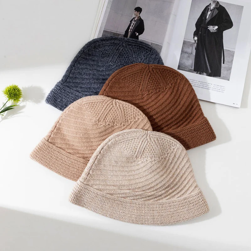 100% Pure Wool Knit Bucket Hat for Women Thick Large Brim Fisherman Cap Face Slimming Warm Daily Hat for Round Face
