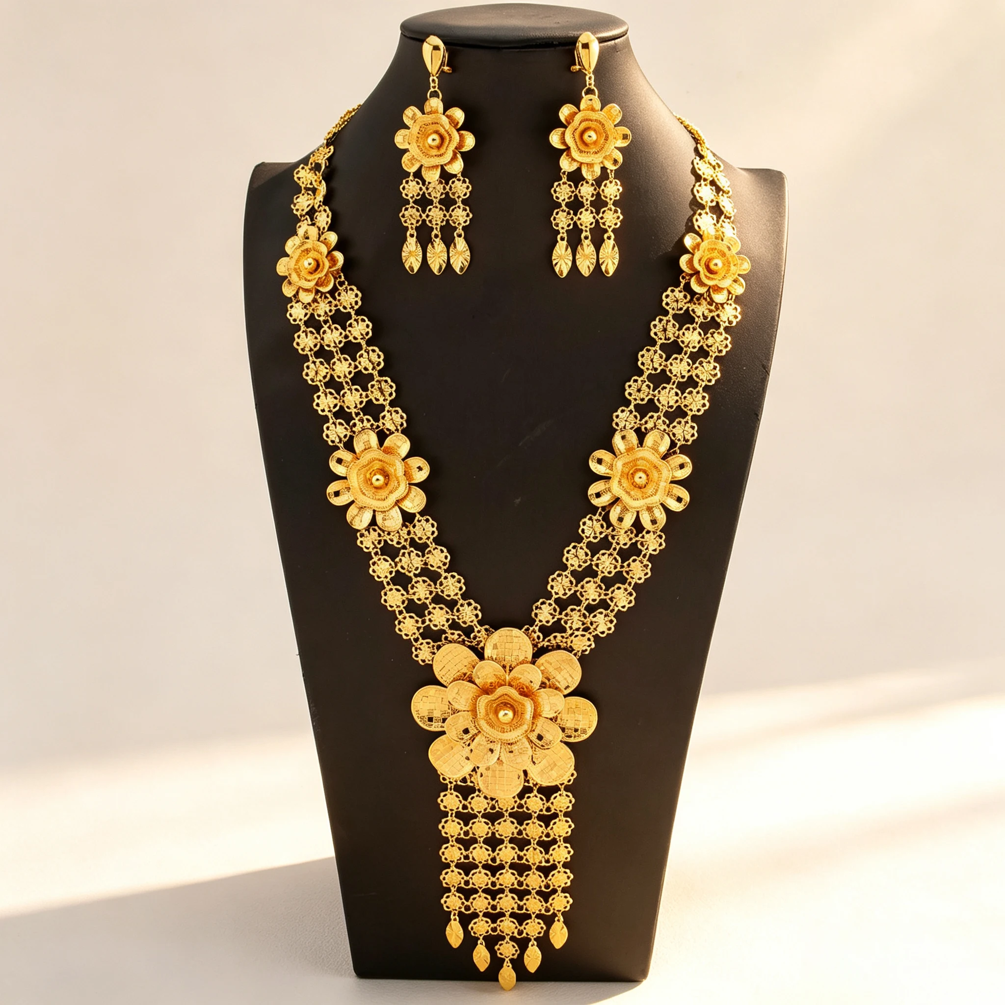 Dubai Vergoldetes Schmuckset für Frauen, Afrikanisches Hohles Blumen-Quasten-Langketten-Ohrring-Set, Brautschmuck für Hochzeit und Party