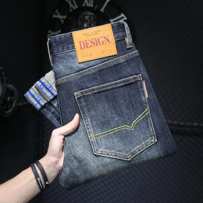 

2024 Spring And Autumn New Heavy Industry Washed High End Jeans For Men'S Retro Worn Elastic Slim Fit Casual Denim Pants