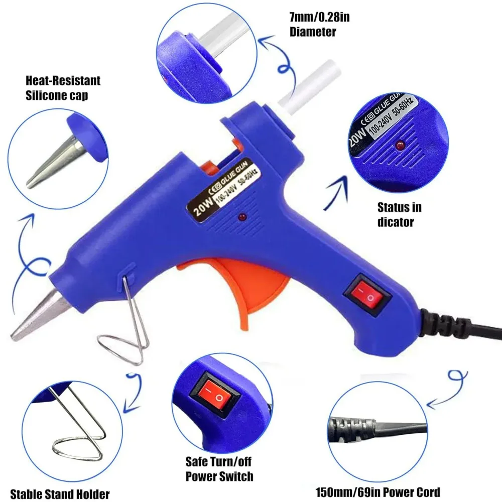 

Набор для горячего клея 20 Вт: высокотемпературный пистолет с быстрым нагревом, миниатюрный портативный, с 20 клеевыми стержнями для поделок, домашнего ремонта, школьных проектов