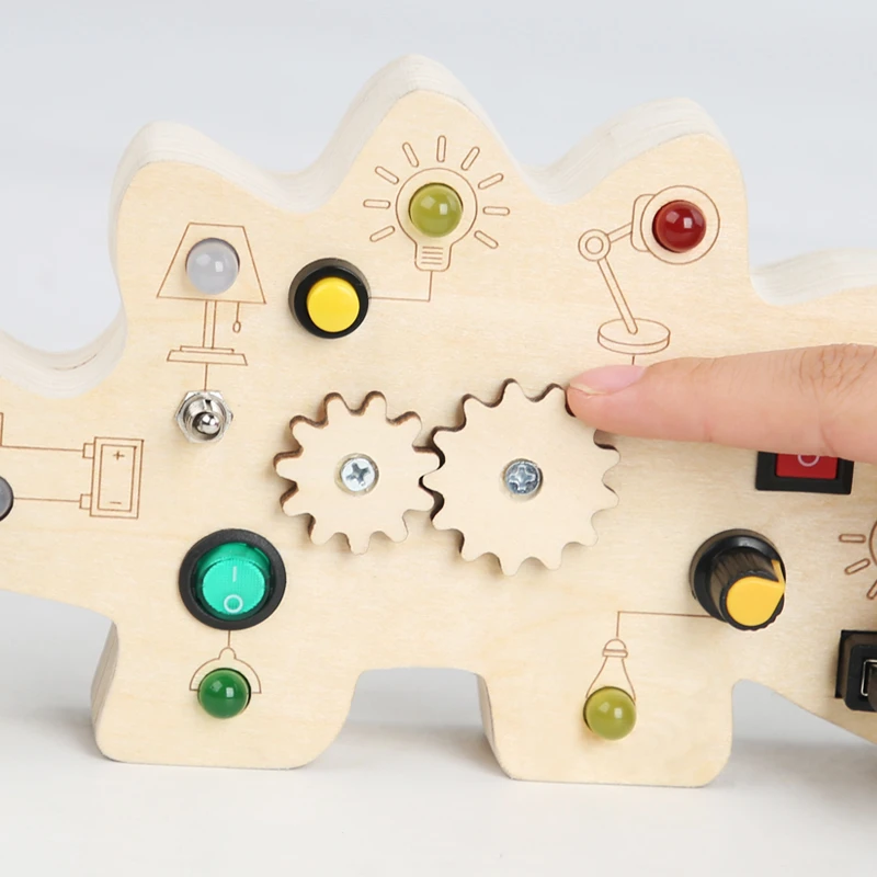 LED Busy Board Wooden Electronic Dinosaur Busyboard Switch Physical Educational Montessori Toys for Kids Daily Skill Training
