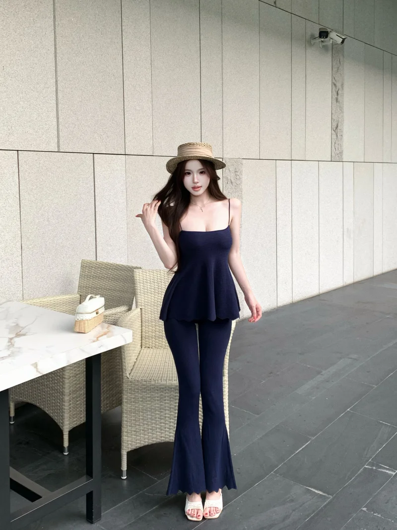 

Blue Slimming Two-Piece Set Women's Summer Sexy Crop Top And High Waist Flared Pants Lightweight Maturity Style Casual Wear