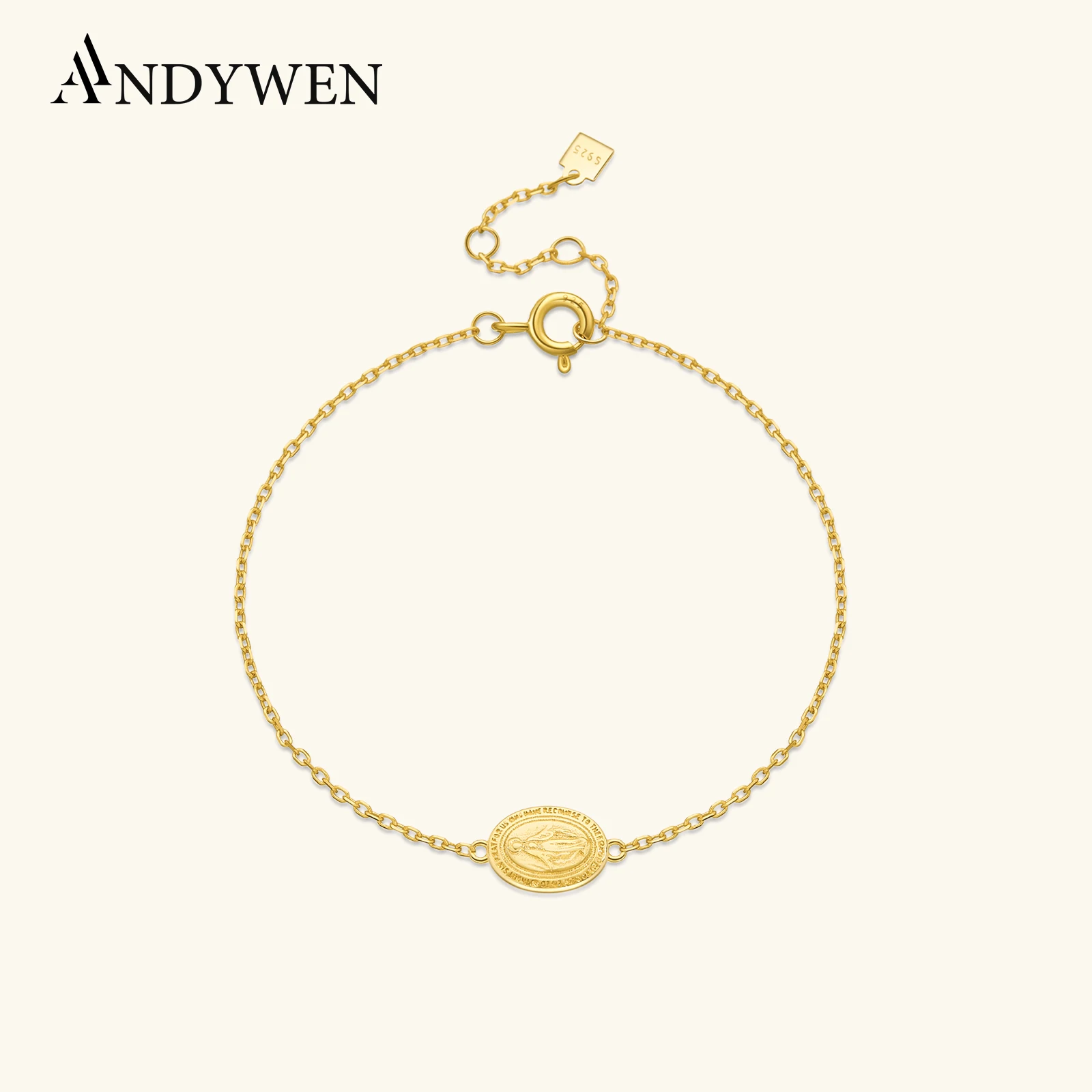 ANDYWEN 925 Sterling Silver Gold Virgin Mary Charm Chain Bracelet Luxury Women 2024 Fashion Exquisite Fine Punk Jewelry