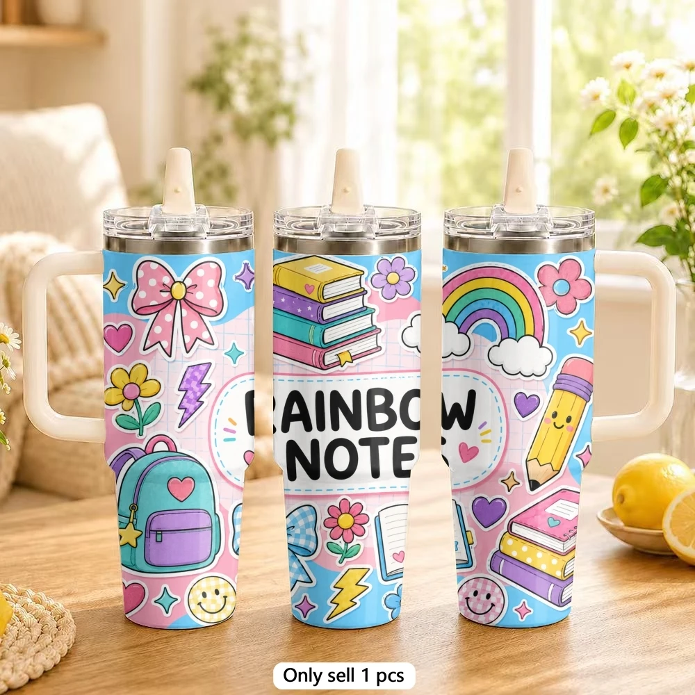 Back-to-School Stickers Vacuum Flasks 40oz Stainless Steel Tumbler with Handle Straw Lid Vacuum Insulated Double Wall Leak Proof