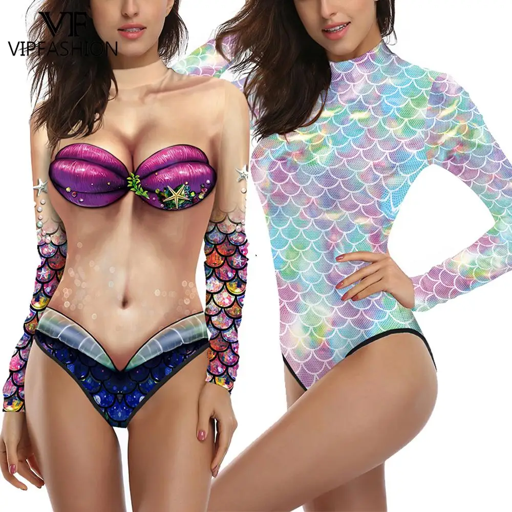 

VIP FASHION Mermaid Bodysuit for Women Long Sleeve Swimsuits Fish Scales Print Carnival Cosplay Costume Ladies Party Zentai Suit