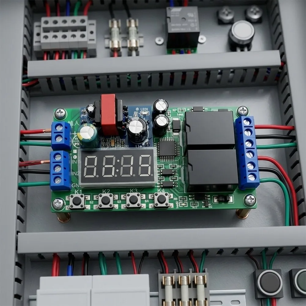 Dual Output 220V AC Programmable Timer Module with 38 Timing Options Real-Time Digital Display and External Signal Input Support