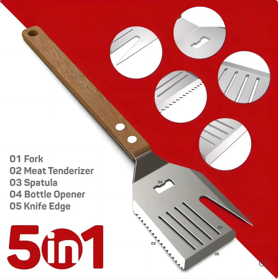 5 in 1 Multifunction Outdoor Grill Spatula with Knife, Fork, Bottle Opener for BBQ grills, kebabs, camping, picnics