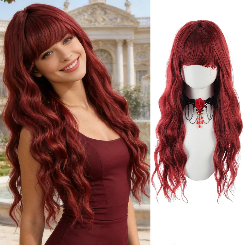 Red Synthetic Wig With Bangs Long Curly Wigs For Women Ombre Blonde Wigs Dark Roots Heat Resistant Wigs For Daily Party