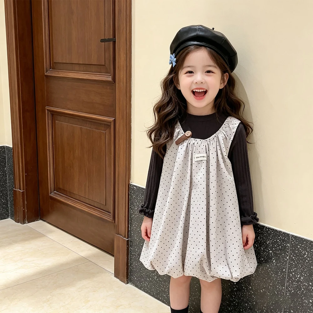 Autumn Children Sweet Dress Outfit Baby Girls Ribbed Long Sleeve Undershirt+Polka Dot Bubble Hem Pinafore Dress Kids Casual Set