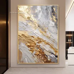 100% Handmade Canvas Gold Foil Thick Oil Painting Modern Grey Texture Home Wall Picture For Living Room Abstract Modern Wall Art