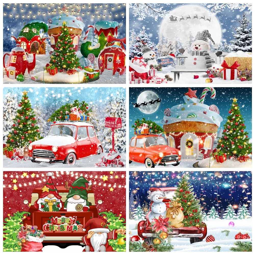 

Christmas Vintage Red Truck Backdrop Winter Snowy Snowflake Glitter Xmas Tree Family Kids Portraits Photography Background