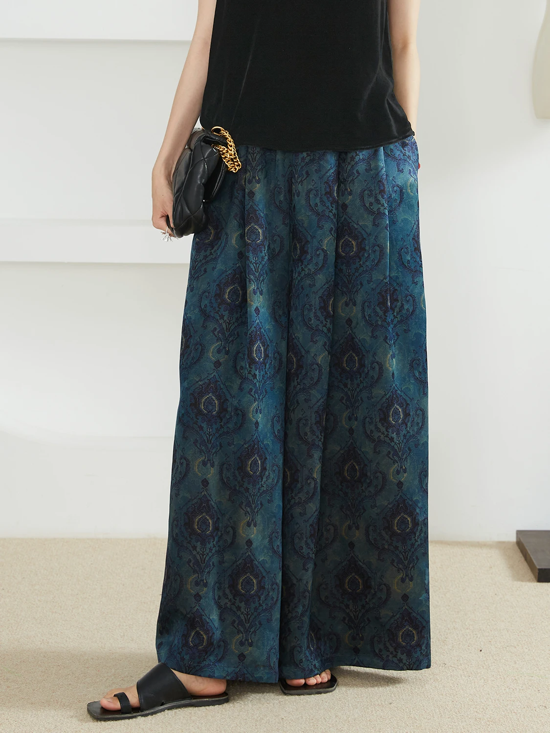 National Style Printed 100% Natural Mulberry Silk Fragrant Cloud Yarn Casual Elastic Waist Women's Fashionable Wide Leg Pants