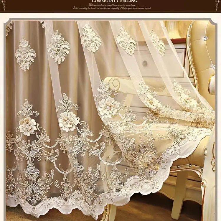 New European Luxury Double-Layer Curtain with Embossed Floral Embroidery & Tulle Sheer for Living Room Bedroom Window Decor