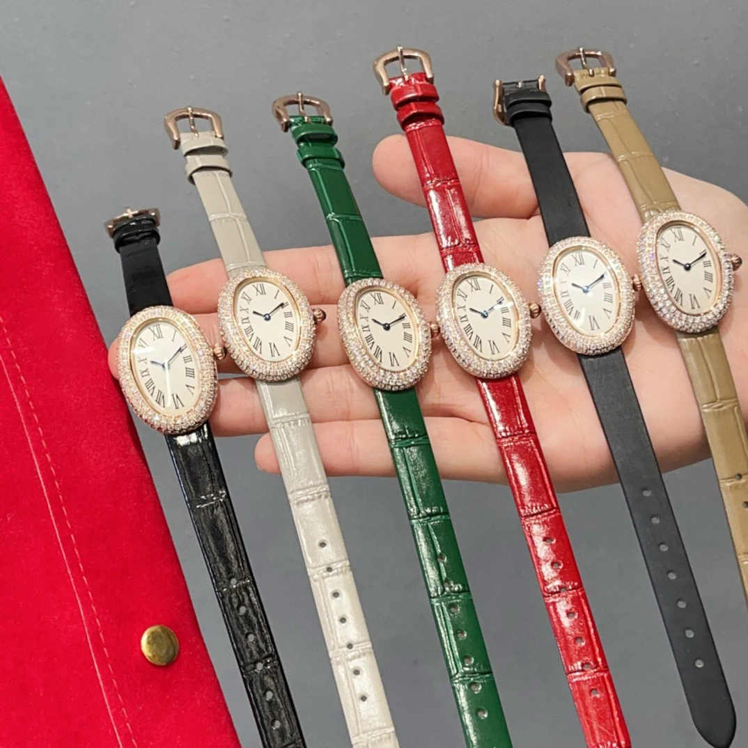 

Brand Wrist Watches Woman Girl High Quality 23mm Diamond Oval Style Japanese Quartz Movement Leather Strap Clock CT80