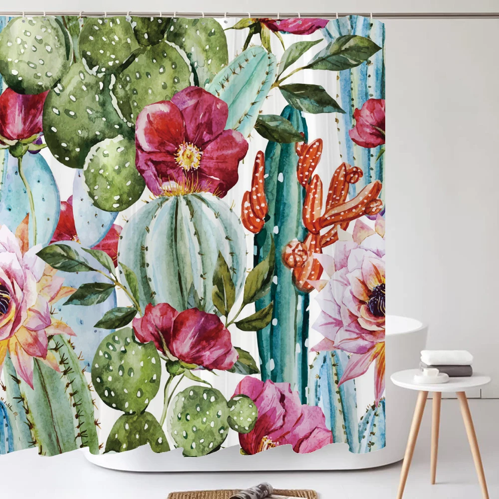 Tropical Plant Cactus Printed Pattern 180x180cm Shower Curtain And Rug Lid Toilet Cover Mat Non-slip Bath Mat Set Bathroom Decor