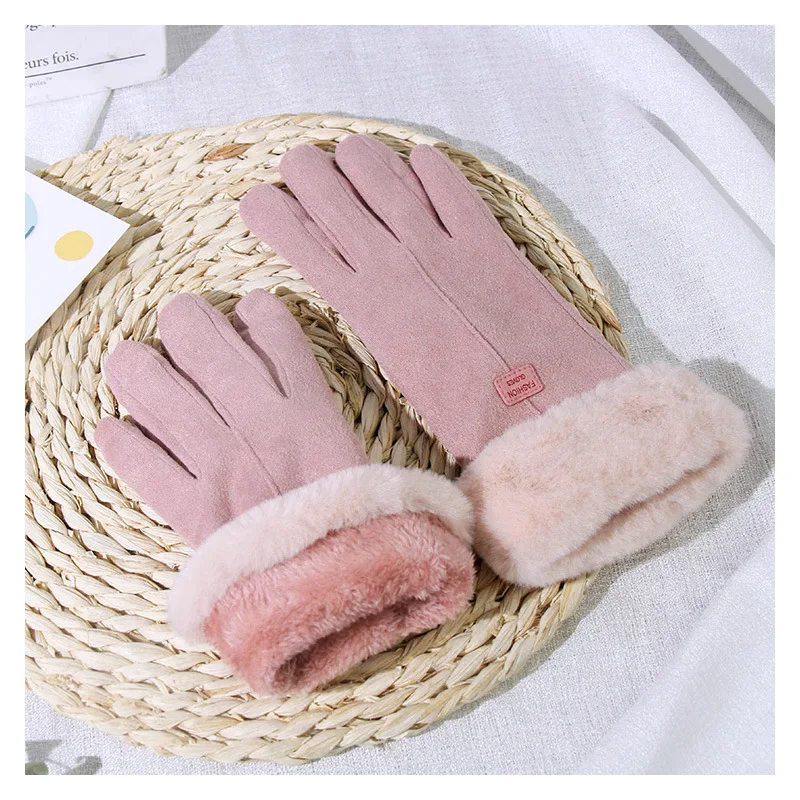 Women Winter Gloves Warm Cashmere Cute Fur Mittens Suede Outdoor Thicken Plush Glove Windproof Cycling Full Finger Gloves Screen