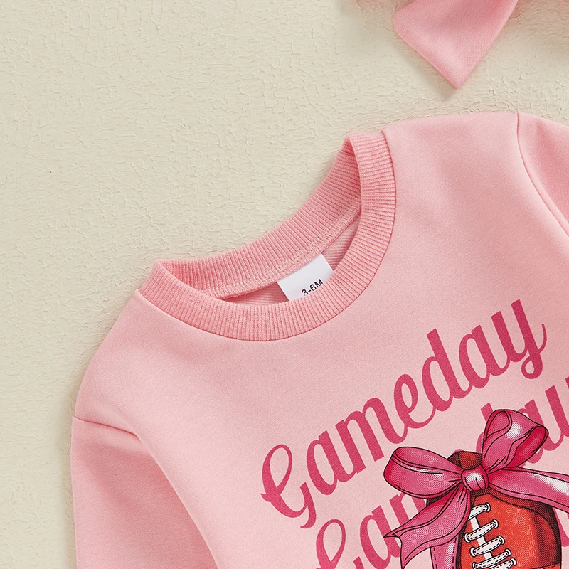 2024-05-28 Lioraitiin 0-18M Baby Girls 2Pcs Set Rugby Letter Bow Print Long Sleeve Sweatshirt Romper Headband Adorable Outfits