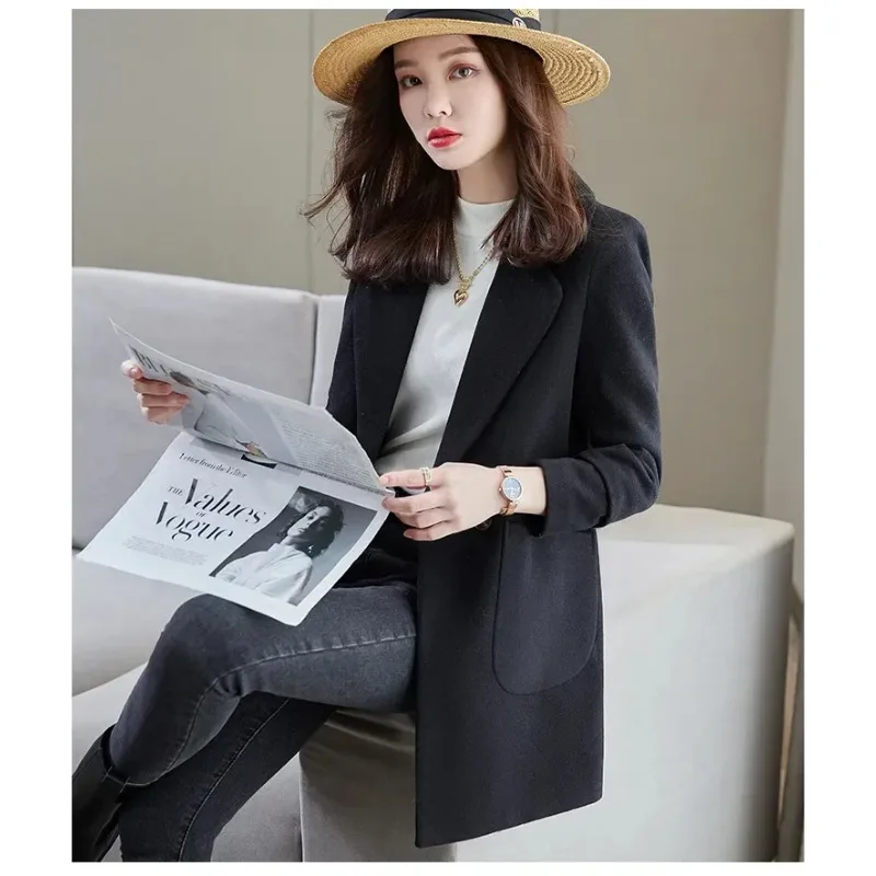 High-end cáqui terno feminino jaqueta casaco de comprimento médio 2025 outono inverno nova moda elegante casual senhora do escritório blazer de lã feminino