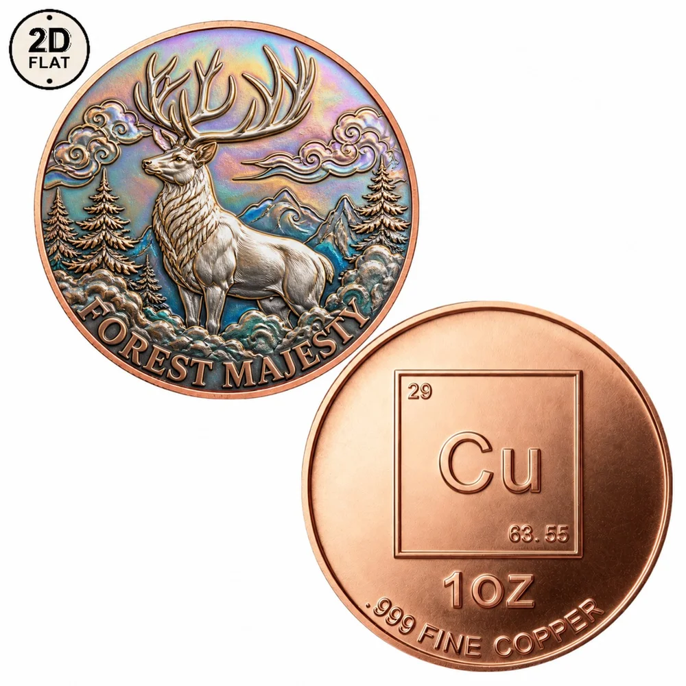 1pc 1oz .999 Fine Copper Forest Majesty Stag Challenge Coin Wild Antlered Stag Commemorative Medal UV Print Forest Wildlife Gift