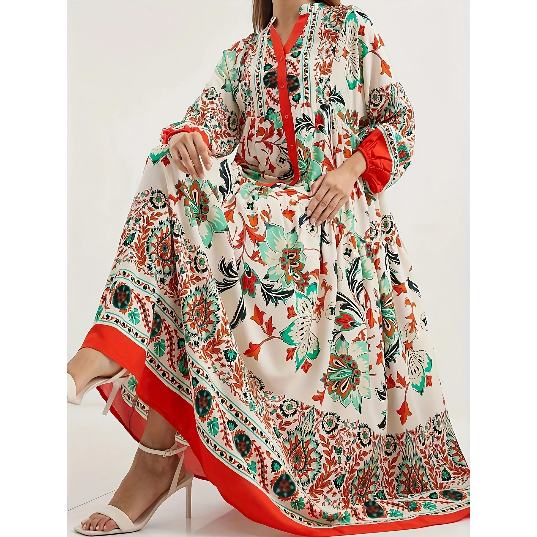 Foreign Elegant Ladies Loose Long Sleeve V-Neck Floral Dress