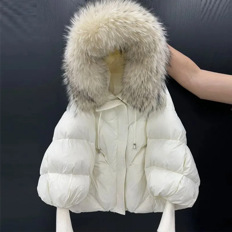 2025 New Winter Large Fur Hooded Puffer Jacket Women Thicken Warm Knitted Sleeve Coat White Duck Down Mid Long Snow Parka