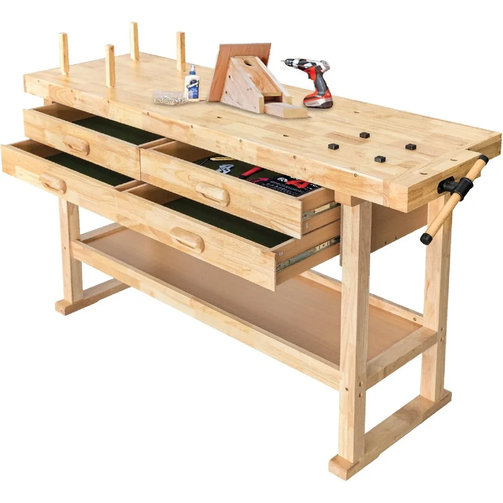 60-Inch Wooden Workbench - Rubberwood Workbench with 4-Drawer, 450lbs Weight Capacity - Perfect Workbench for Garage