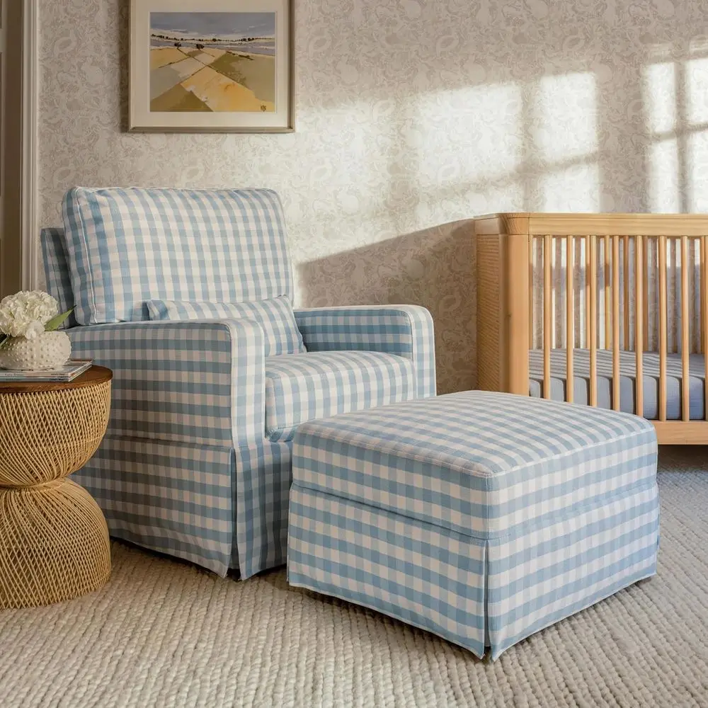 Cord Gliding Ottoman in Blue Gingham, Greenguard Gold & Certi-US Certiied