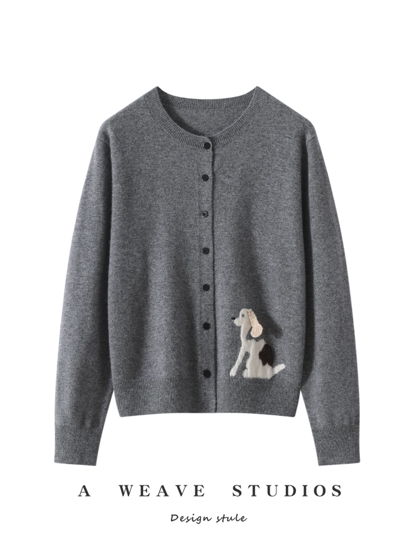 

Ele Long Sve round Ne Knitted Cardigan Women's Camere Sweater with Embroidered Cartoon Dog Slimming Faionable