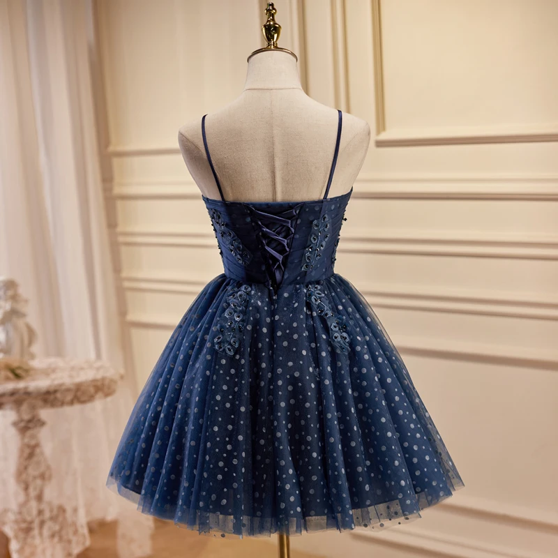 AnXin SH-Petite Robe de Soirée Noire en Dentelle, Tenue Courte Personnalisée, Bretelles Spaghetti, Perles de Clip, Bleu, Princesse Nef