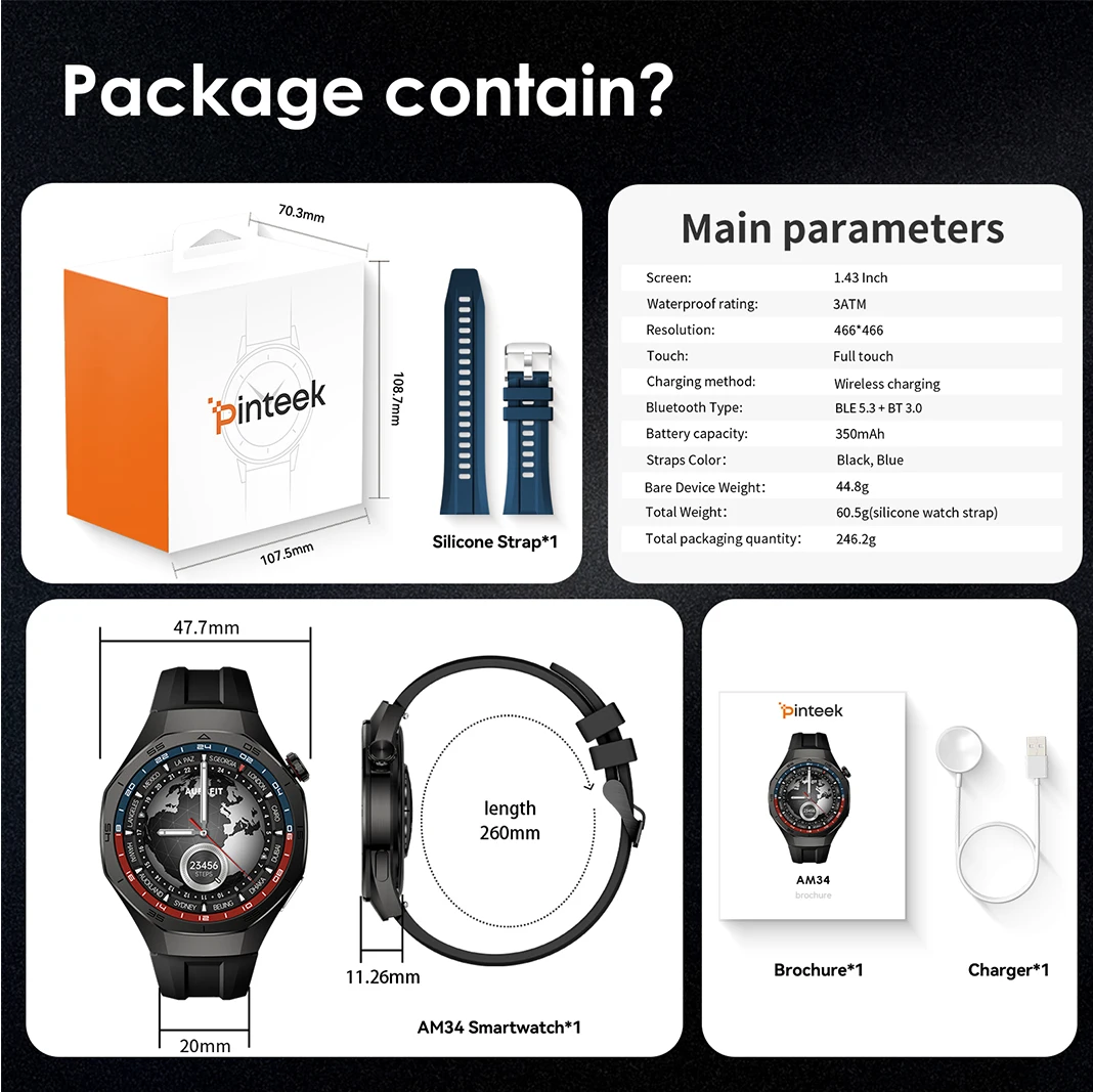 Pinteek envío gratis SmartWatch para hombre Bluetooth Call SmartWatch reloj de bricolaje Caras Impermeable AM34 Pulsera inteligente