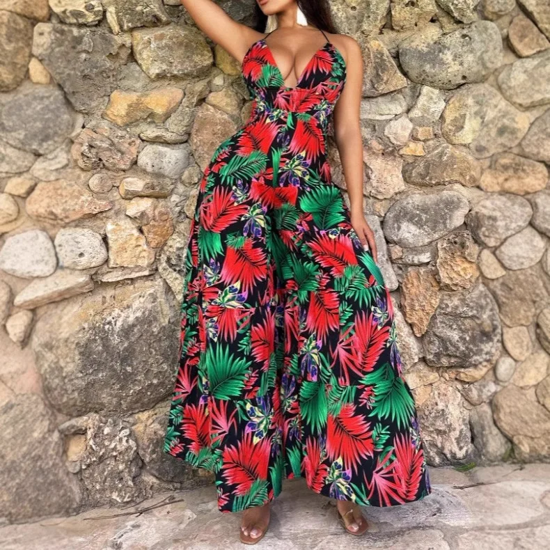 

Sexy Deep V-neck Halter Jumpsuits Summer Fashion Boho Slim High Waist Lace Up Wide Leg Jumpsuit Casual Commuter Women Clothing
