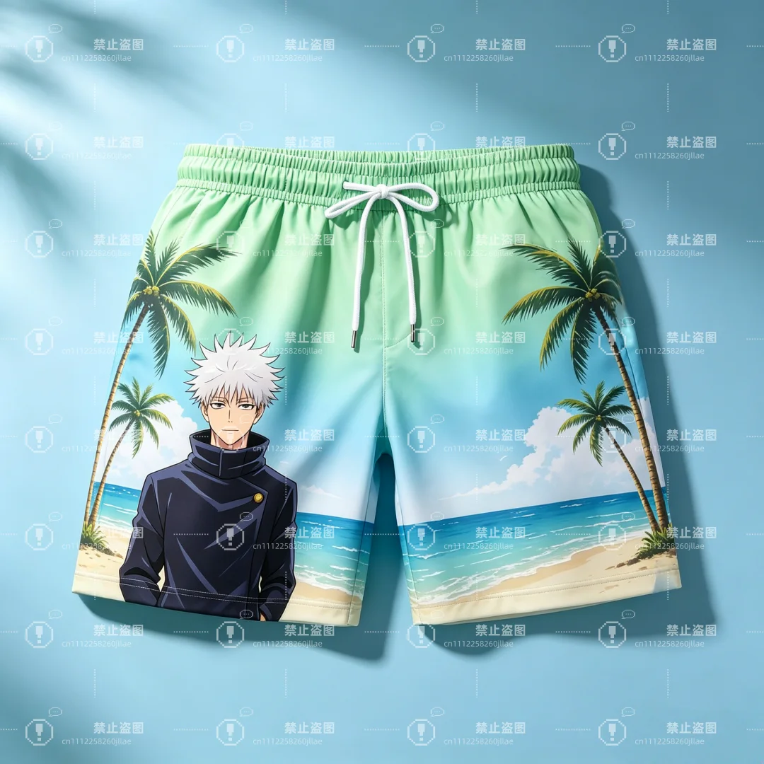 Jujutsu Kaisen Gojo Satoru Beach Print Men's Shorts Summer Quick Dry Board Shorts Anime Casual Sports Short Pants Elastic Waist
