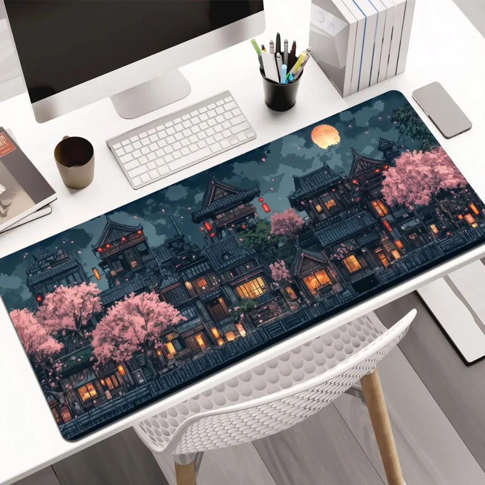 1pc Japanese Anime Cherry Blossom & Night Scene Desk Mat - Non-Slip Gaming Mouse Pad & Keyboard Cover with Rubber Base