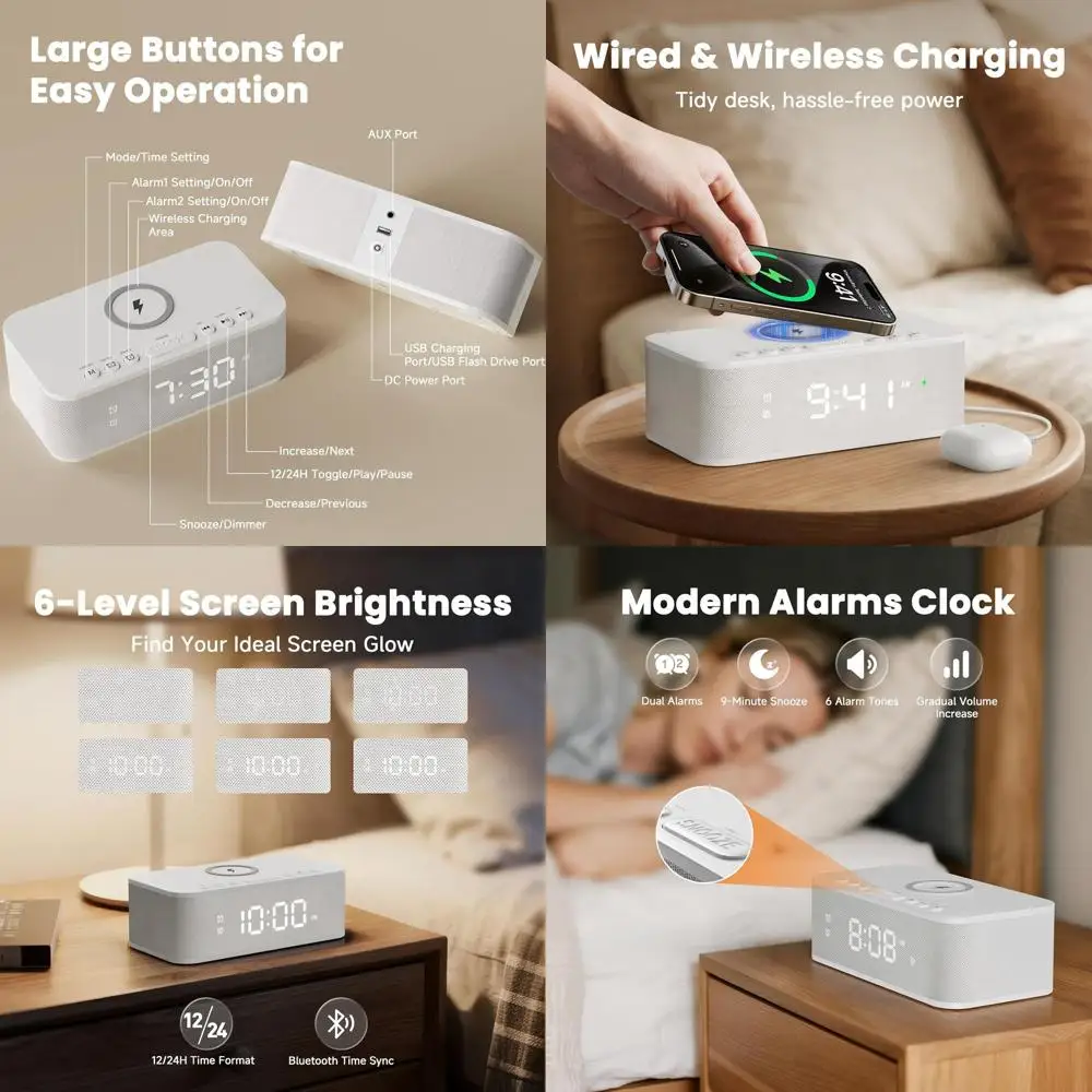 Wireless Bluetooth Speaker with Dual Alarm, White Noise, USB/AUX, 12/24H Time, Snooze, Adjustable Brightness, and Wireless Charg