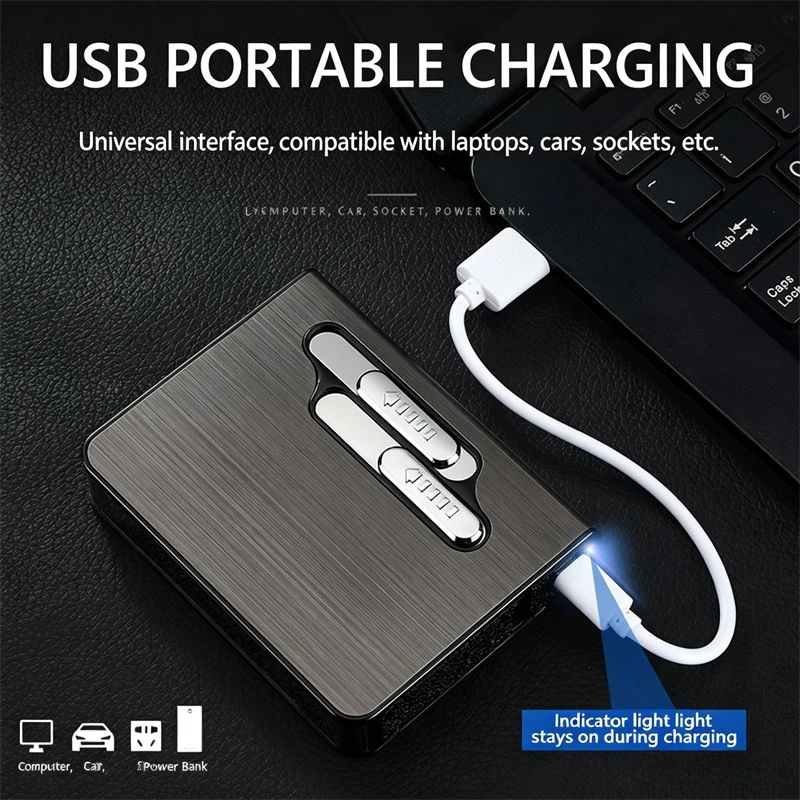 12/20 Cigarette Capacity Case with Built-in USB Dual Arc Lighter, Integrated Tungsten Filament Igniter,  Portable Smoking Gadget
