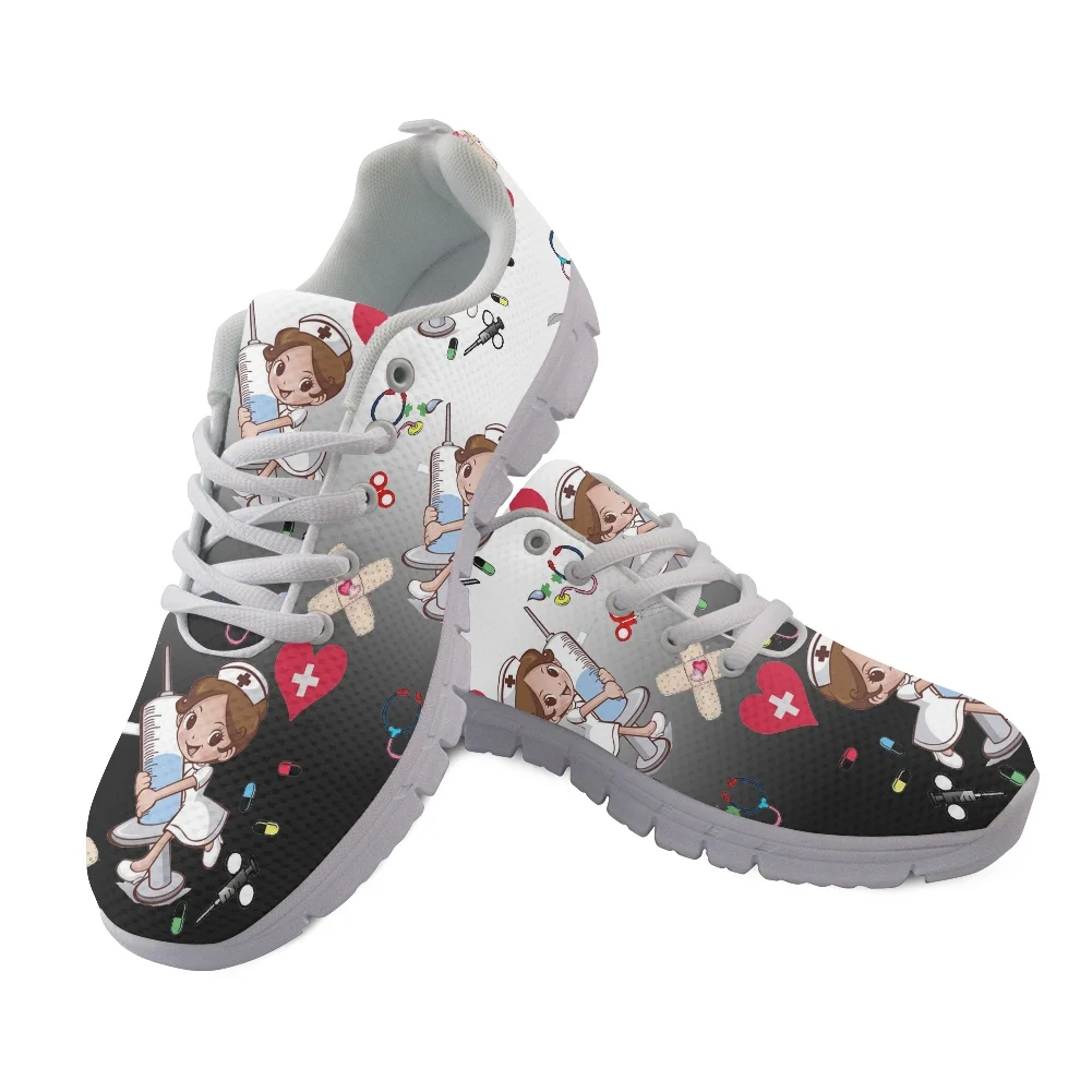 Gradient Nurse Shoes Women Breathable Sneakers Lovely Cartoon Nursing Print Casual Lightweight Flat Lace Up Footwear