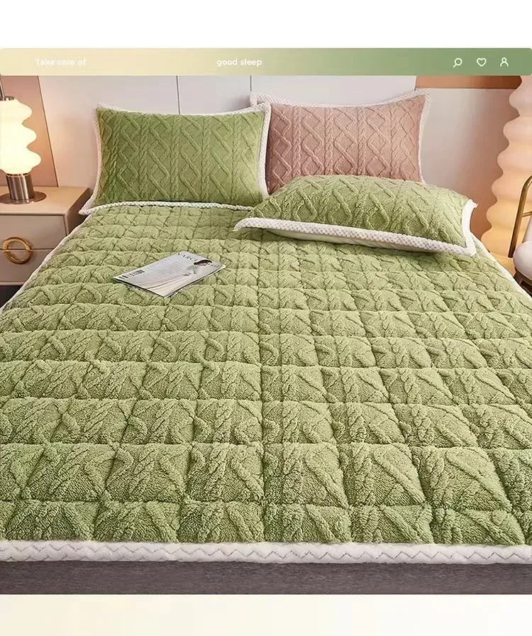 Thick Fleece Mattress Pad Warm Milk Velvet Bed Blanket Pads for Winter Solid Color Mattress Protector Cover for Double Beds