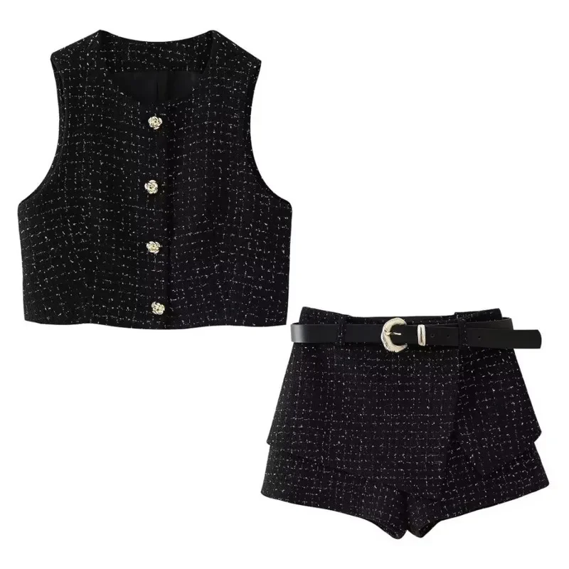 Elegant Tweed Vest Belt Mini Shorts Suit Women 2024 High Waist Black Textured Skirt Short 2 Pieces Set Lady Fashion Skort Outfit