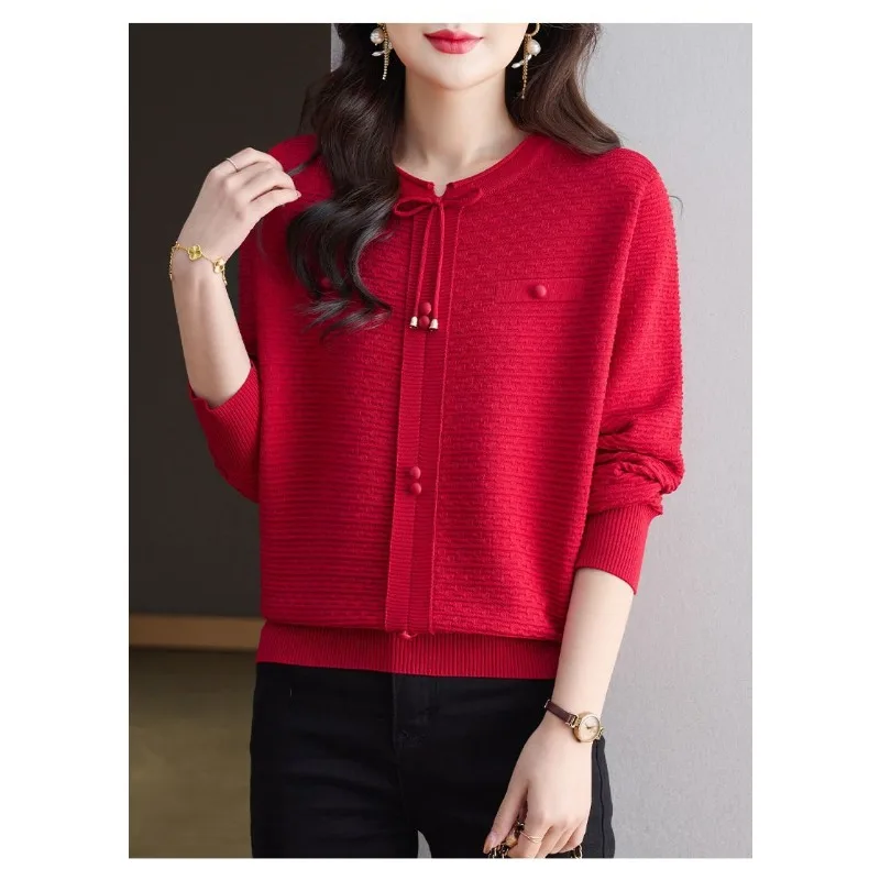 Women Autumn Plus Size Knit Sweater Knot Decor Long Sleeve Loose Hide Belly Elegant Mom Casual Pullover Top