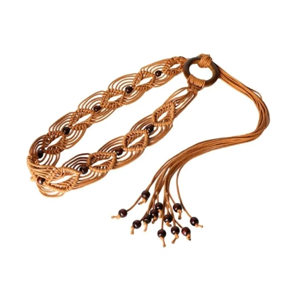 

Wax Rope Female Waist Rope Bohemian Style Woven Knot Waist Belt with Tassels Wood Bead Decors Ethnic Style Waist Chain Holiday