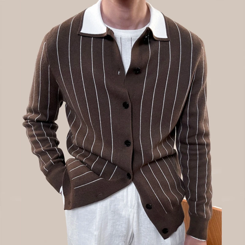 Men Sweater Cardigan Autumn Striped Shirt Collar Knitting Sweaters Winter Warm Coat Men Long Sleeved Cardigan High-end Sweater