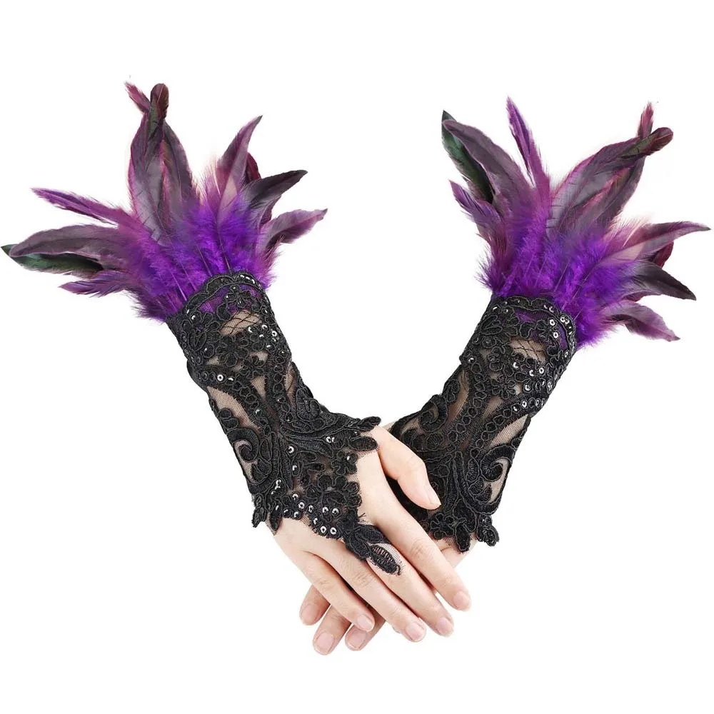 

Retro Halloween Feather Gloves Gothic Embroidery Sequins Feather Lace Gloves Dark Cuffs Women Halloween Arm Sleeves Festival