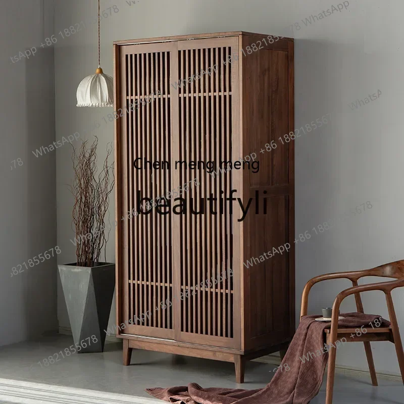 

32A North American black walnut all solid wood grille sliding door large wardrobe modern breathable sliding door